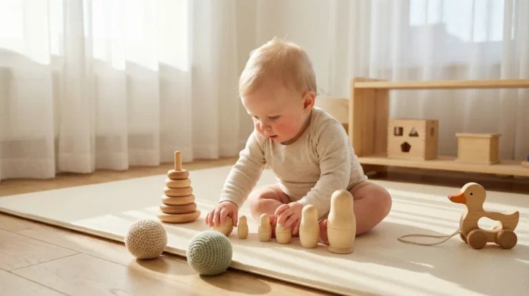 baby speelt met houten montessori speelgoed op een kleed
