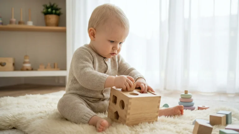 dreumes van 1 jaar speelt met houten montessori blokkendoos